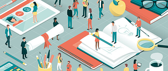 College and university students, researchers and professors studying together, school supplies and digital tablet: education and research concept
